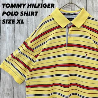 トミーヒルフィガー(TOMMY HILFIGER)の【汚れ有】トミーヒルフィガー　半袖ボーダー鹿の子ポロシャツ　サイズXLイエロー系(ポロシャツ)