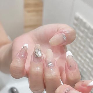 【No.45】大人っぽ♡ワンホン ビジュー フレンチ ネイルチップ