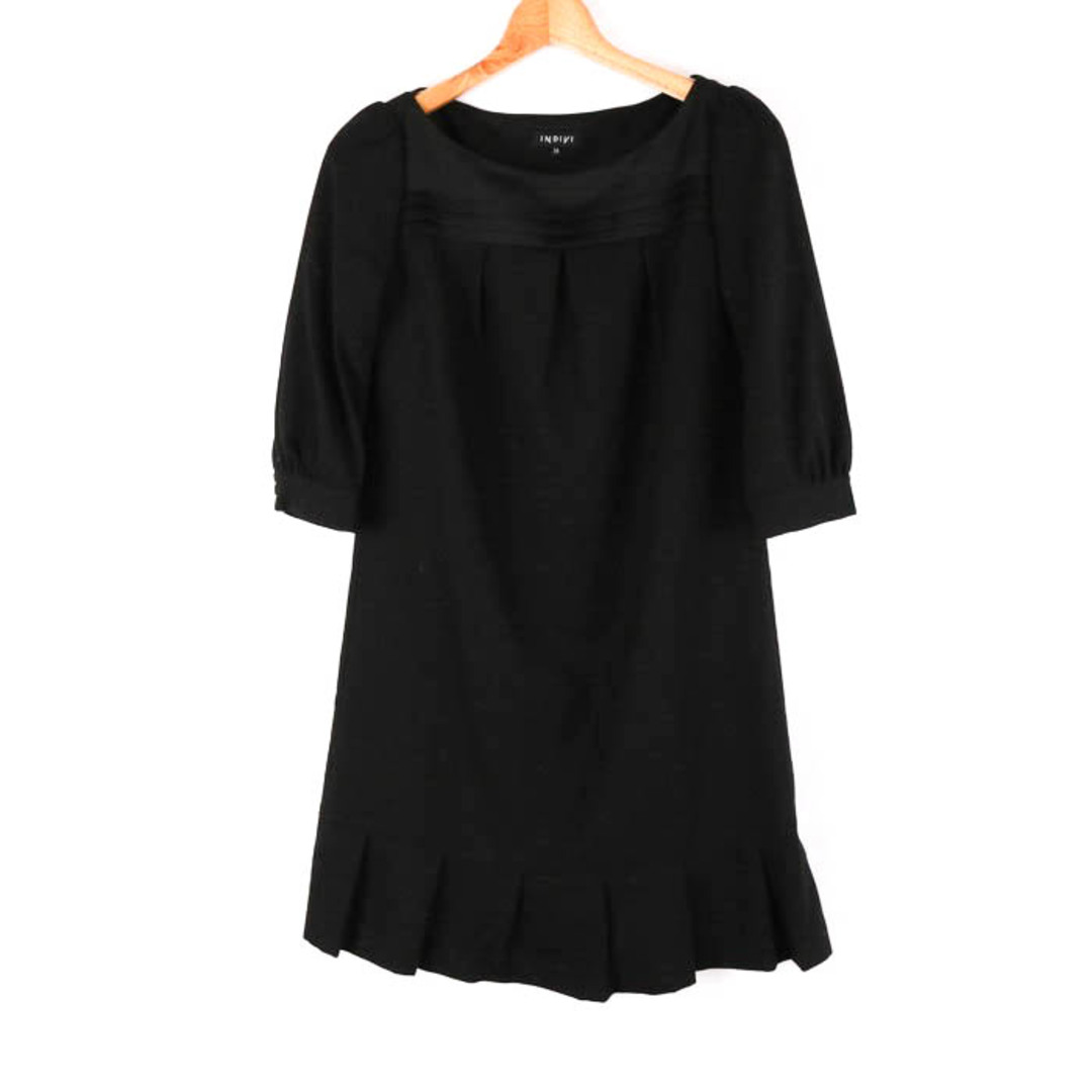 インディヴィ ワンピース 半袖 裾プリーツ フォーマル ウール100％ 黒 レディース 36サイズ ブラック INDIVI