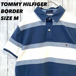 トミーヒルフィガー(TOMMY HILFIGER)のアメリカ古着トミーヒルフィガー　半袖刺繍ロゴボーダー天竺ポロシャツ　サイズM紺白(ポロシャツ)