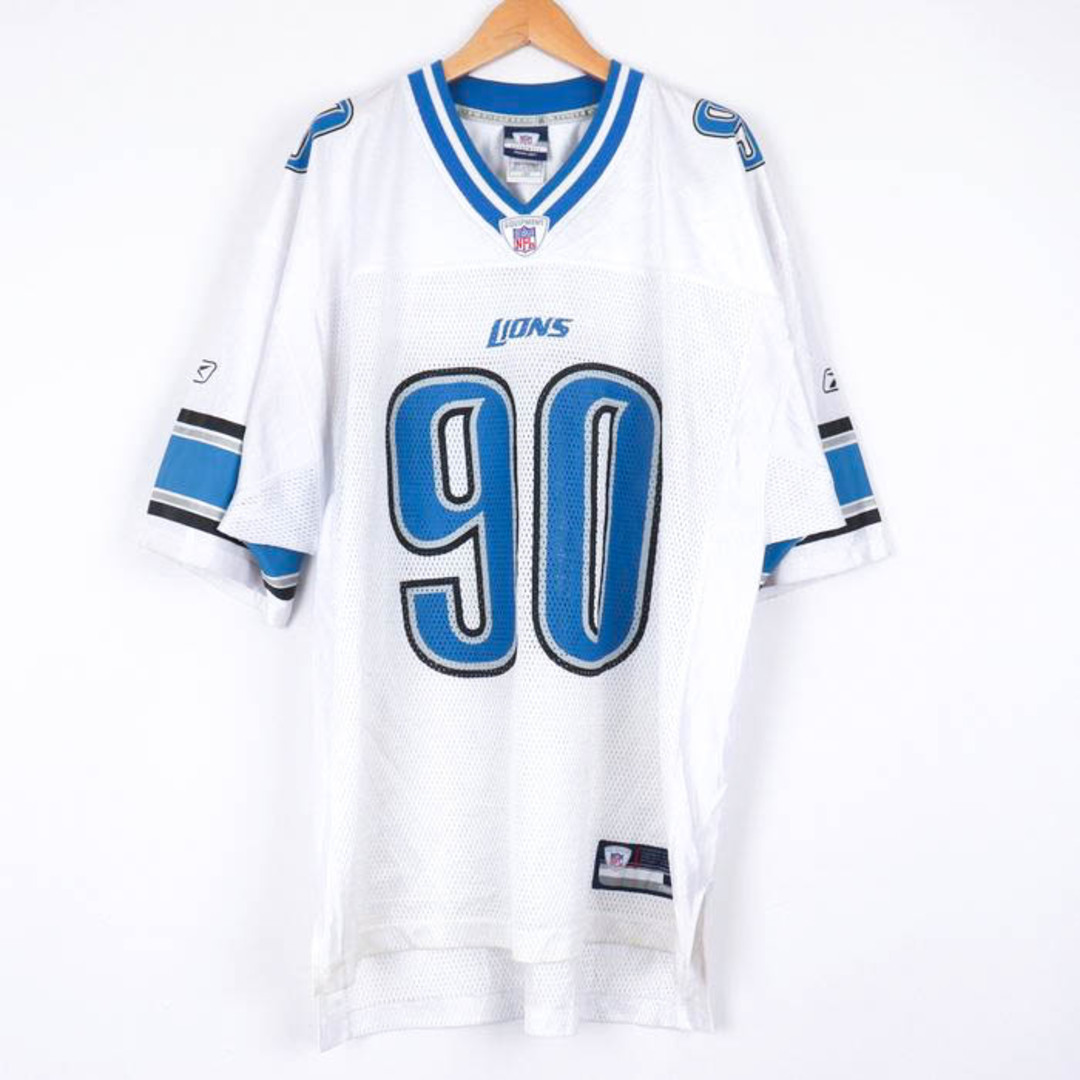 Reebok(リーボック)のリーボック Tシャツ アメフト ユニフォーム NFL ライオンズ #90 ゲームシャツ 大きいサイズ US古着 メンズ Lサイズ ホワイト Reebok メンズのトップス(Tシャツ/カットソー(半袖/袖なし))の商品写真