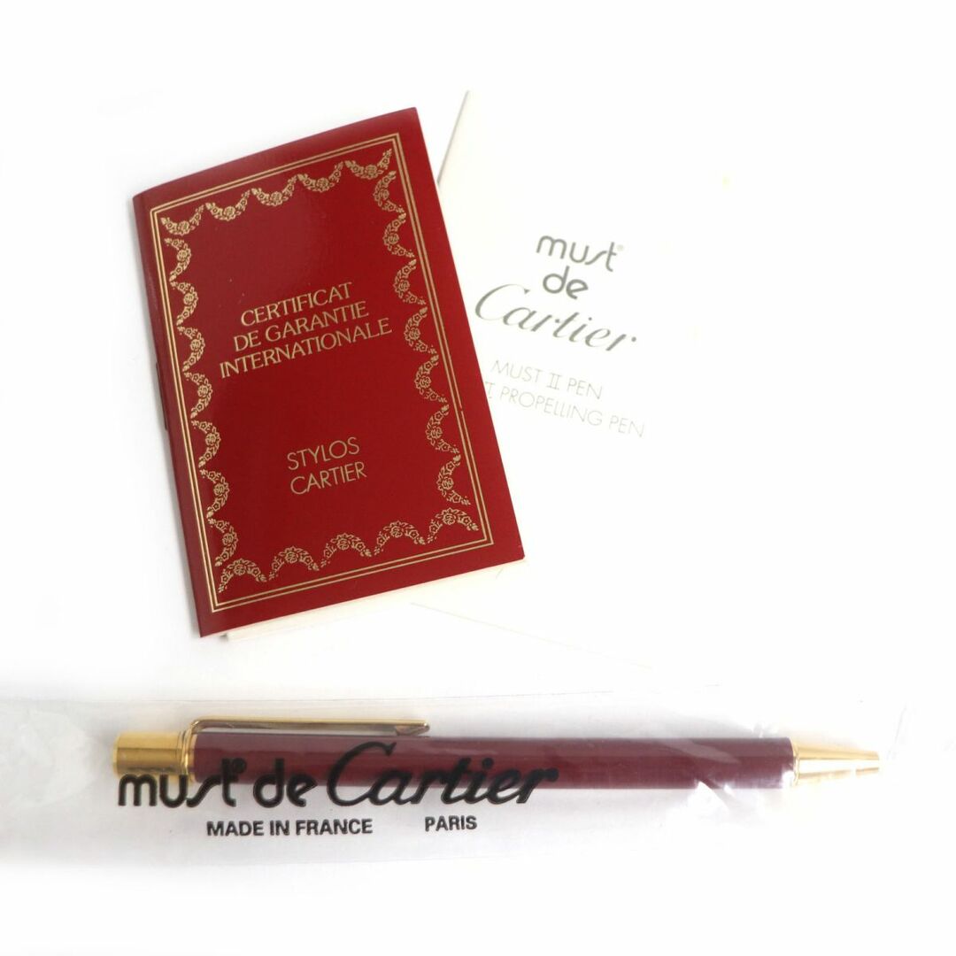 未使用品▼Cartier カルティエ マスト ドゥ カルティエ ロゴ刻印入り ツイスト式 ボールペン ボルドー×ゴールド フランス製 ビニール袋付