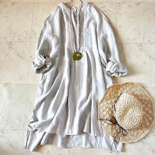 ネストローブ(nest Robe)の美品♪ネストローブ リネン 天然染め チュニックワンピース 麻 バンドカラー(ロングワンピース/マキシワンピース)