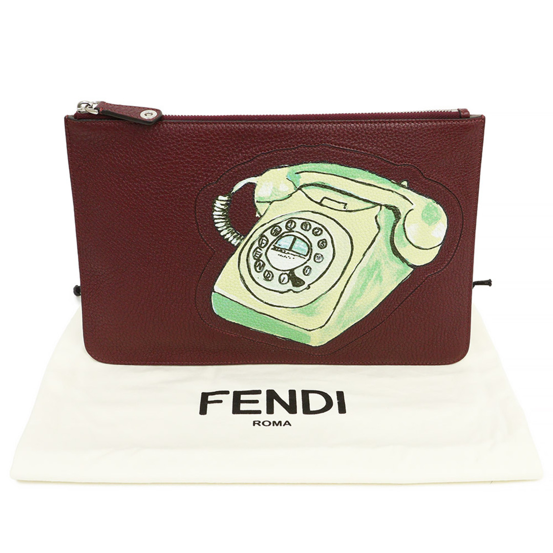 フェンディ フラットポーチ クラッチバッグ セカンドバッグ ローマンレザー ボルドー 7N0078 シルバー金具 FENDI  電話イラスト（新品・未使用品）