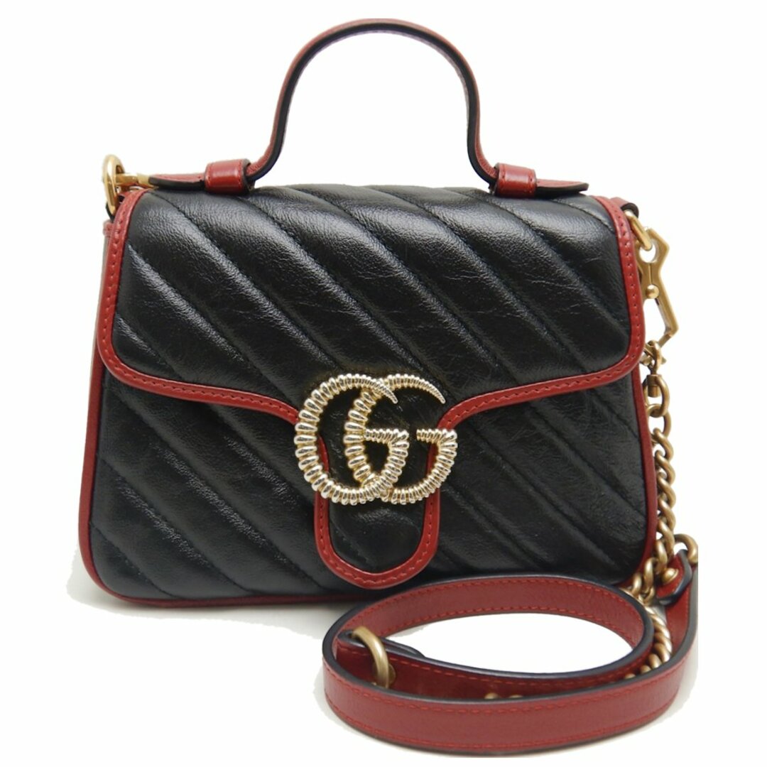 GUCCI グッチ ミニトップハンドルバッグ 583571 ハンドバッグ GGマーモント キルティングスモール レザー ブラック  レッド/250811【中古】