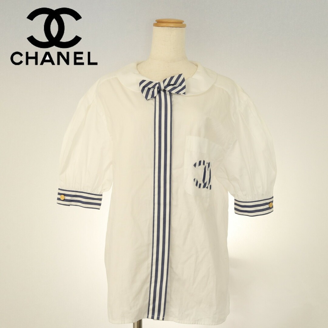 CHANEL(シャネル)の極美品 ヴィンテージ シャネル ブラウス パフスリーブ ココマーク ストライプ リボン ブルー 38 Mサイズ レディース AGY 0621-1E13 レディースのトップス(Tシャツ(半袖/袖なし))の商品写真
