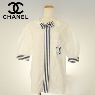 シャネル(CHANEL)の極美品 ヴィンテージ シャネル ブラウス パフスリーブ ココマーク ストライプ リボン ブルー 38 Mサイズ レディース AGY 0621-1E13(Tシャツ(半袖/袖なし))