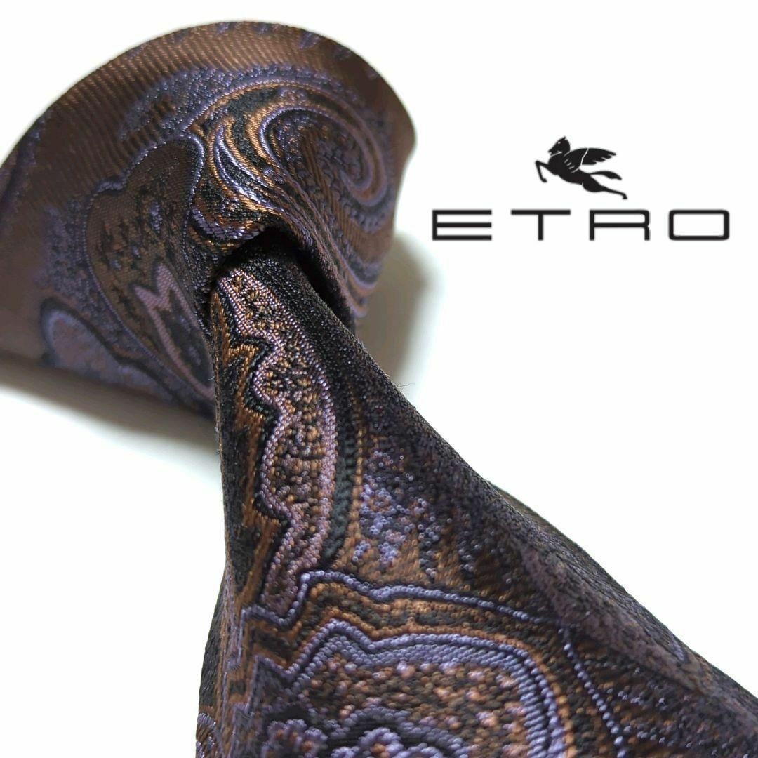 美品 ETRO エトロ ネクタイ 光沢 ペイズリー柄 ネイビー ジャガード-