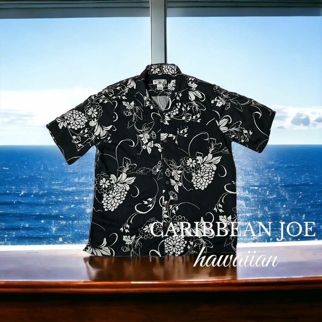 CARIBBEAN JOE】アロハシャツ 総柄 シルク 100% L ブラックの通販