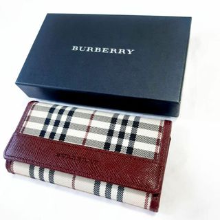 バーバリー(BURBERRY)の美品　バーバリー　チェック　レッド　ロゴ　5連　キーケース　レザー　キャンバス(キーケース)