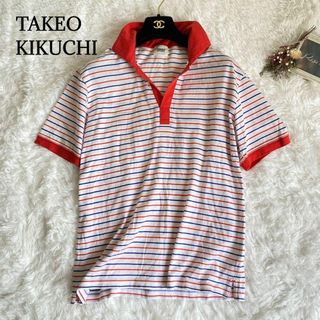 タケオキクチ(TAKEO KIKUCHI)の【極美品】　タケオキクチ　スキッパーカラー　コットンボーダーシャツ　ユニセックス(ポロシャツ)