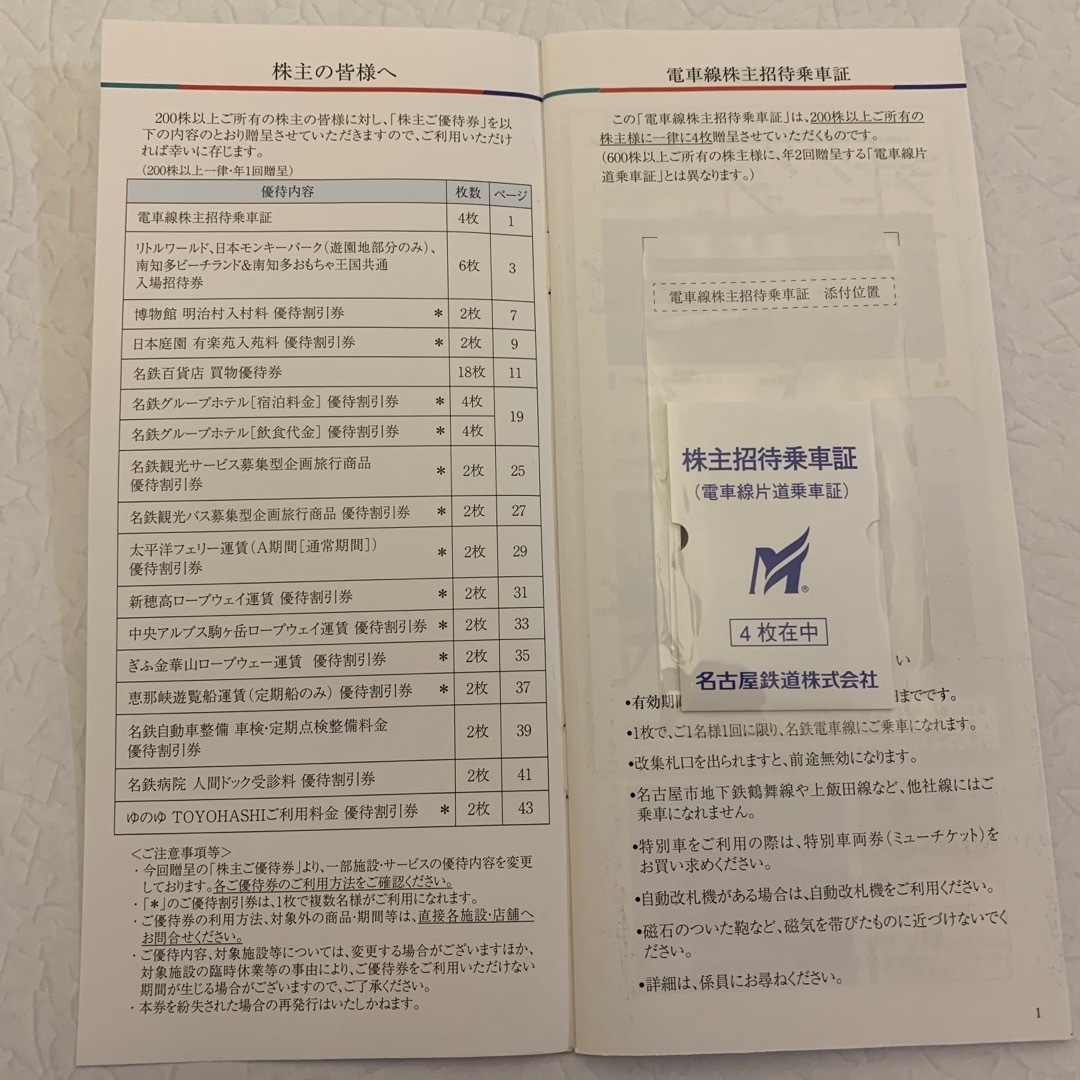 名古屋鉄道株式会社　株主招待乗車証4枚＆株主ご優待券1冊　名鉄　株主優待 チケットの乗車券/交通券(鉄道乗車券)の商品写真