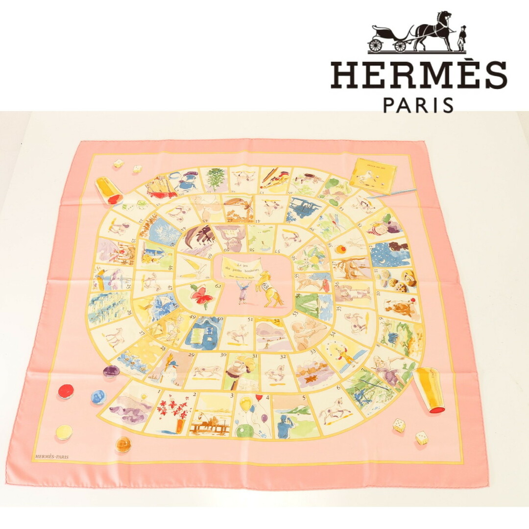 ■美品■エルメス カレ90■Le Jeu des Petits Bonheurs 小さな幸せのゲーム シルク100％ タグあり シルク 絹 ストール 0421-1ABTM3