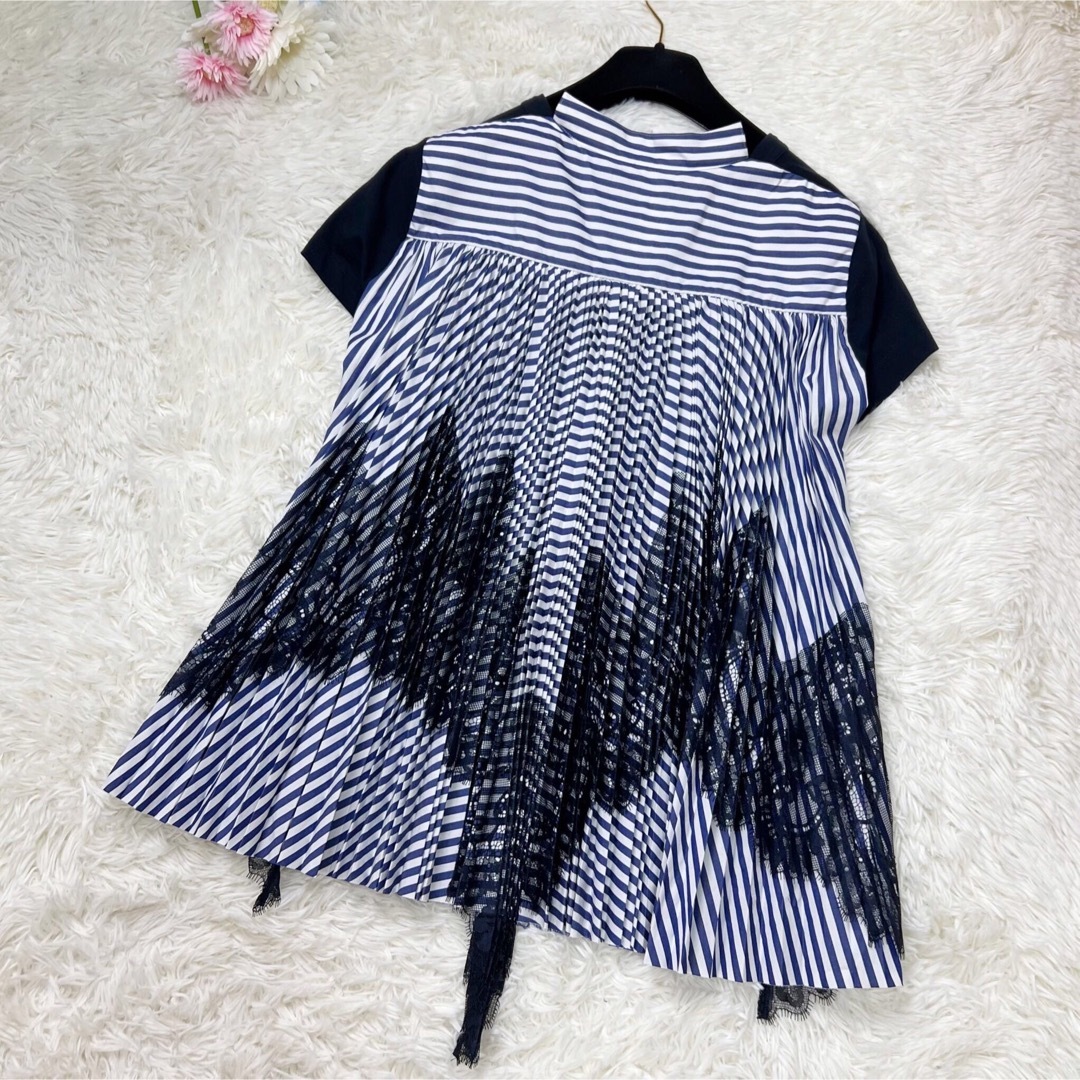 美品♡sacai サカイ 異素材 プリーツ ストライプ レース ドッキングシャツ