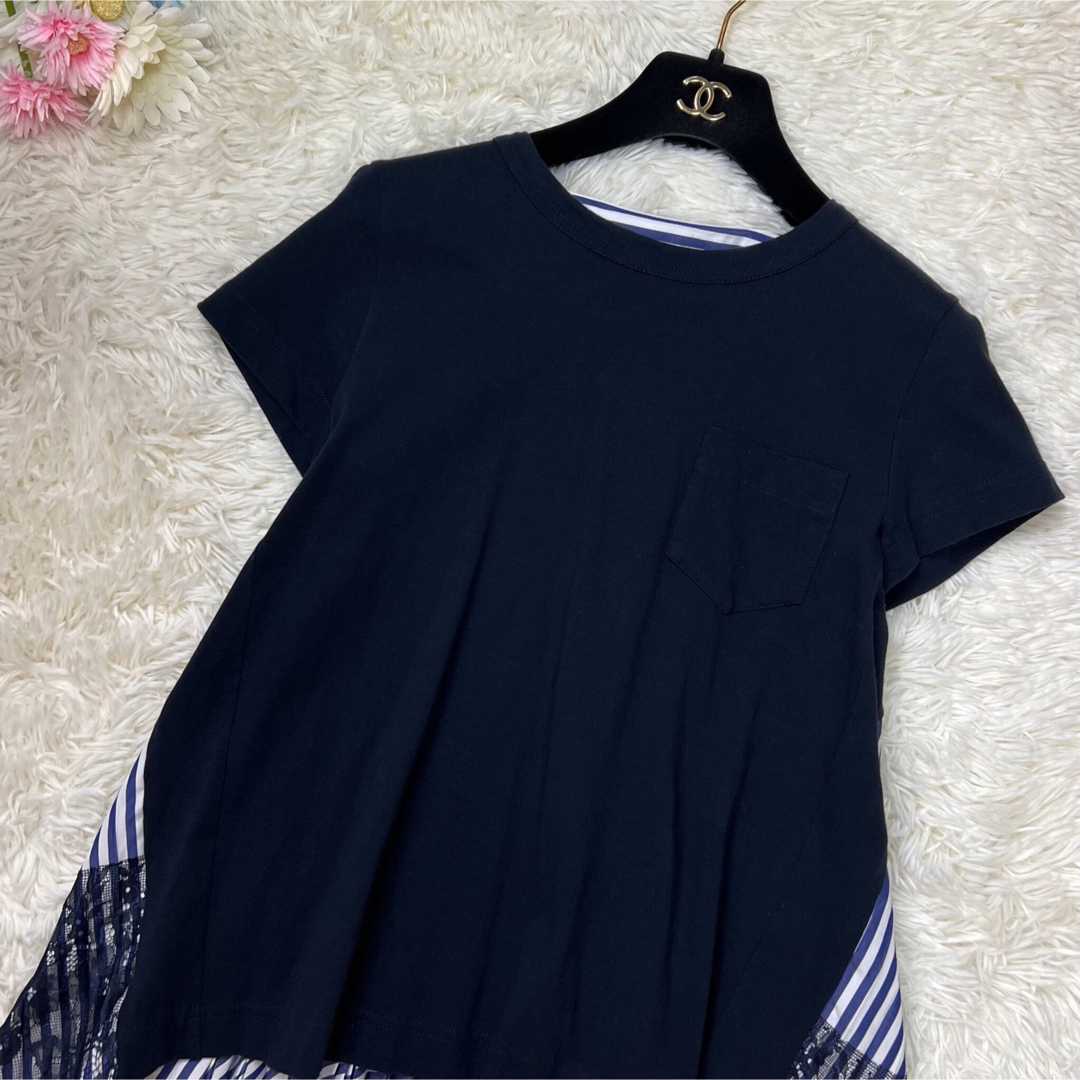 美品♡sacai サカイ 異素材 プリーツ ストライプ レース ドッキングシャツ