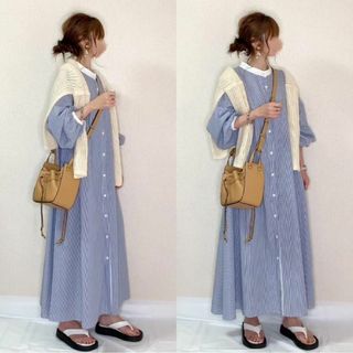 ⑥ストライプロングシャツワンピース♡夏ワンピ　大人ワンピ　新品未使用(ロングワンピース/マキシワンピース)