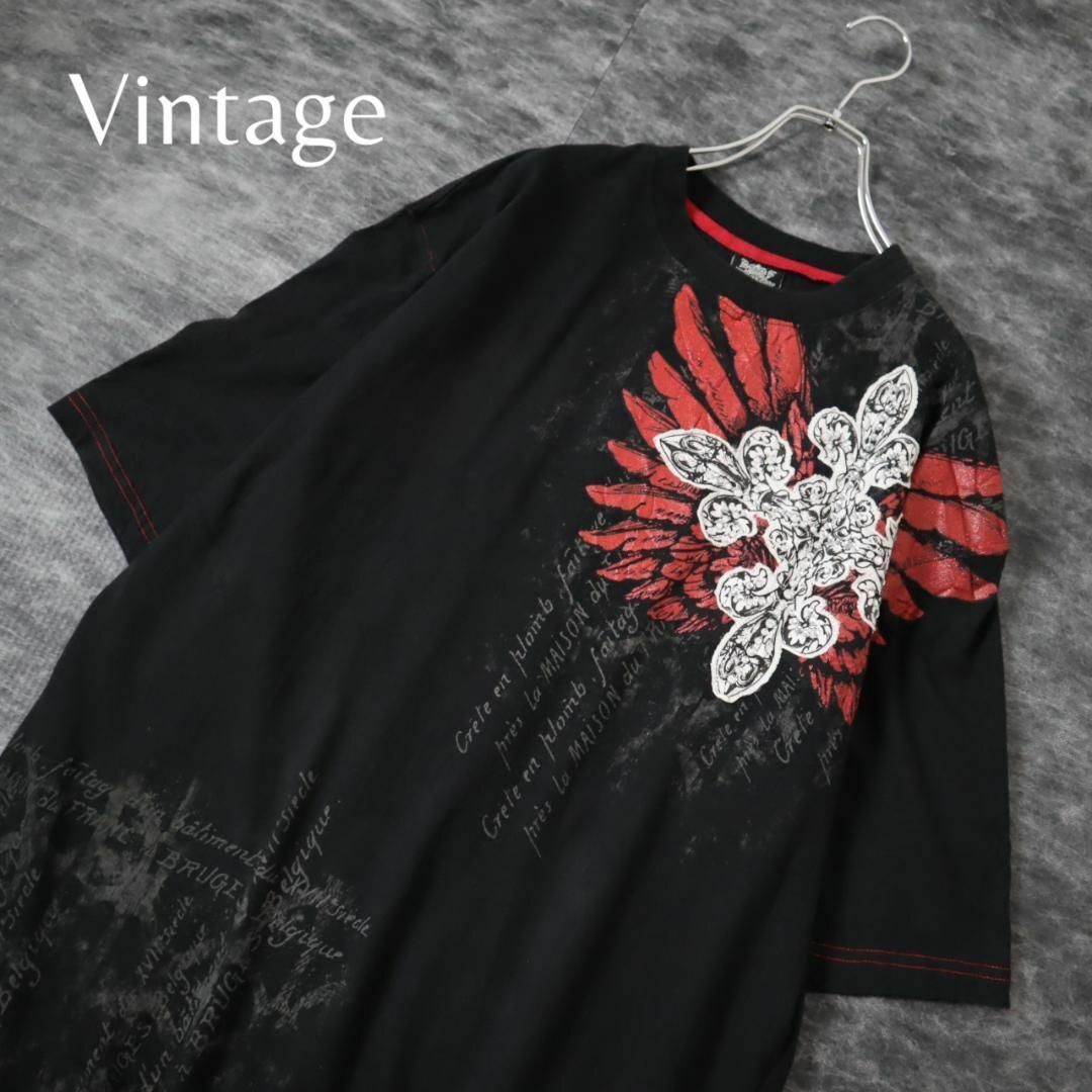【vintage】パンク デザイン プリント ルーズ ヘビー Tシャツ 黒 3L