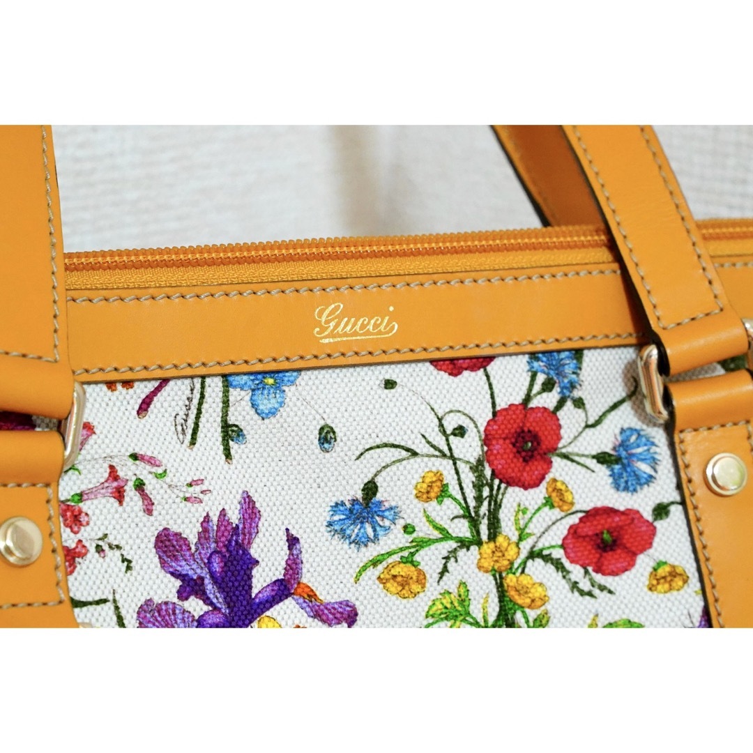 GUCCI トートバッグ フローラ 花柄 キャンバス レザー ホワイト