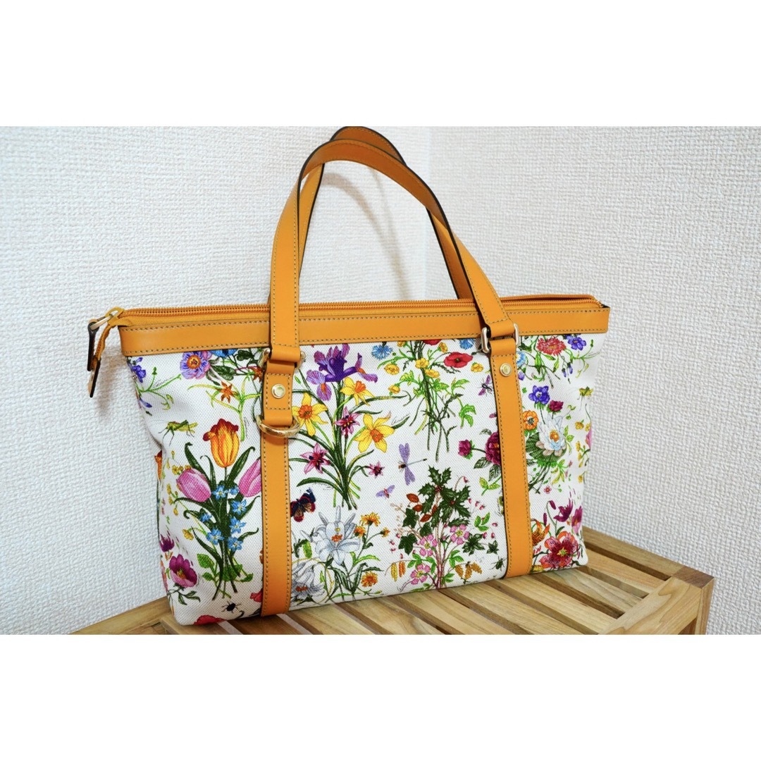 GUCCI トートバッグ フローラ 花柄 キャンバス レザー ホワイト