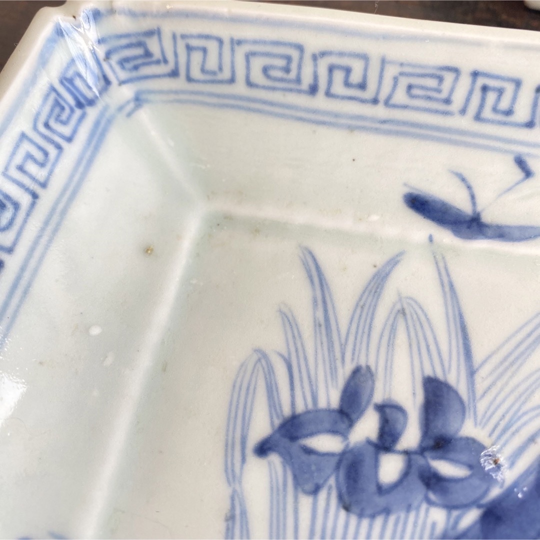 線描きで可愛い◇草花と蝶々。古伊万里　染付長方皿　antiques　器 江戸末期 4