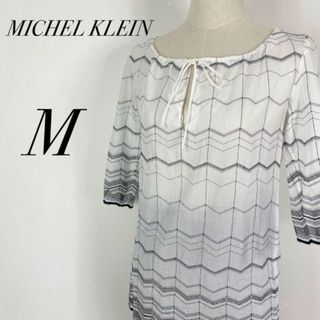 エムケーミッシェルクラン(MK MICHEL KLEIN)のシアーブラウス　リボン付　七分袖　ウェーブボーダー　刺繍　薄手　透け感トップス(Tシャツ(長袖/七分))