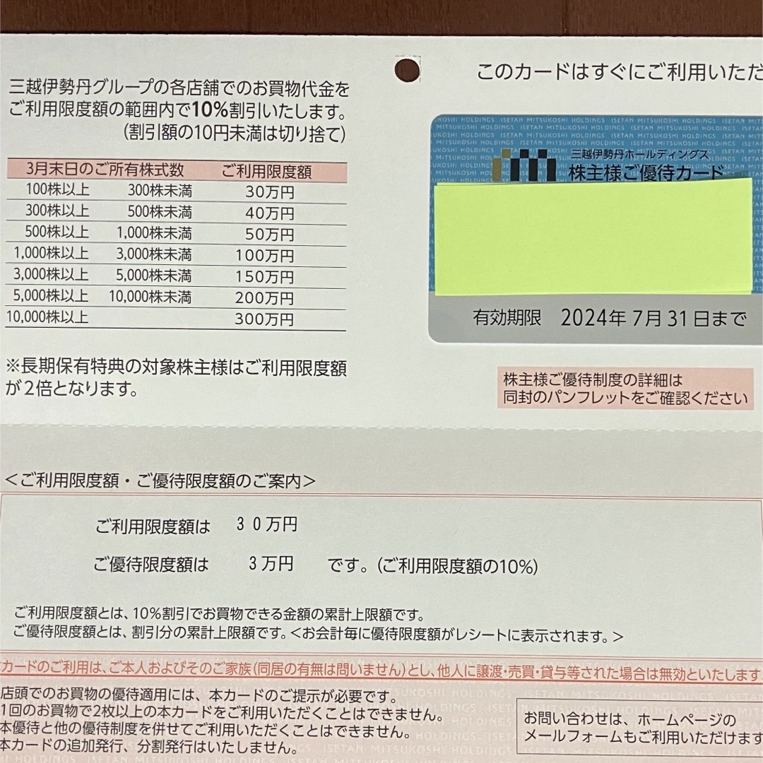 最新★三越伊勢丹HD　 株主優待カード1枚　【利用限度額100万】