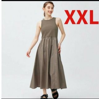 ジーユー(GU)のXXL ブラウン　布帛コンビネーションワンピース　ユニクロ　ZARA  H&M(ロングワンピース/マキシワンピース)