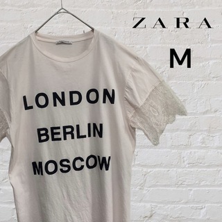 ザラ(ZARA)のZARA/ザラ　ロゴTシャツ M ビックシルエット　袖レース(Tシャツ(半袖/袖なし))