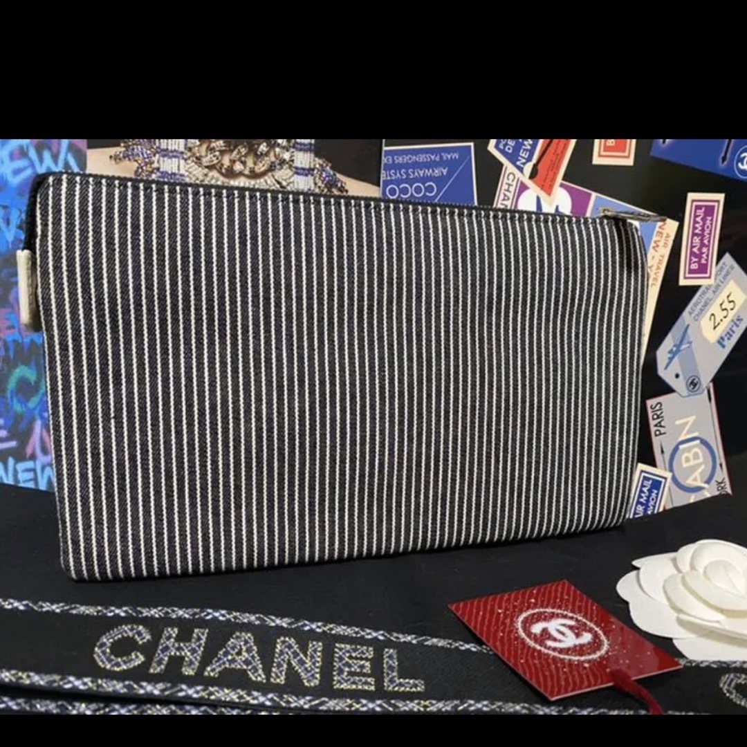 CHANEL 長財布 多機能ポーチ デニム ストライプ 希少