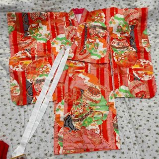 七五三　セット　着物　長襦袢　草履　バッグ　オレンジ　手まり柄(和服/着物)