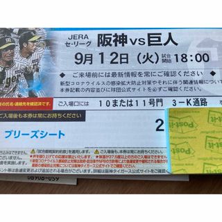 ハンシンタイガース(阪神タイガース)の9/12(火)阪神-巨人ブリーズシート通路横ペア(野球)