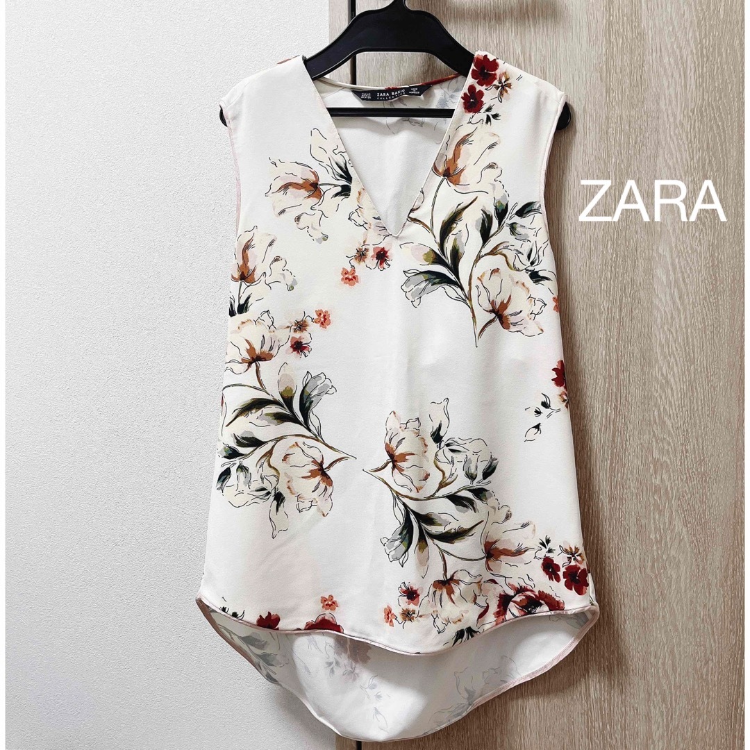 ZARA カットソー ノースリーブ 総レース 花柄 ベージュ ピンクベージュ S