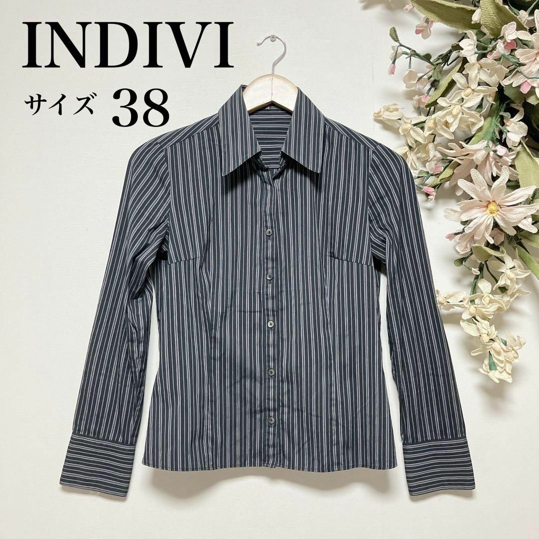 INDIVI(インディヴィ)のINDIVI シャツ　ブラウス　縦ストライプ　黒　白　グレー　レディース レディースのトップス(シャツ/ブラウス(長袖/七分))の商品写真