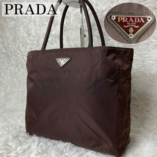 プラダ(PRADA)の美品✨ PRADA プラダ　トートバッグ　ナイロン　三角プレート　白タグ　茶(トートバッグ)