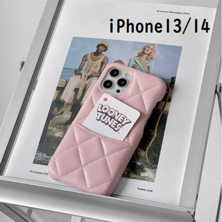 iPhone13 iPhone14 キルティング ピンク PUレザー カード(iPhoneケース)