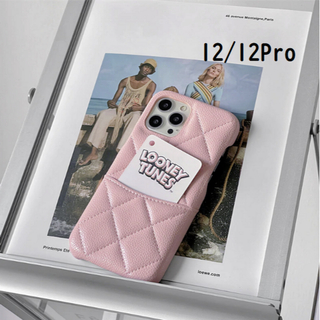 iPhone12 iPhone12Pro キルティング ピンク ケース ポケット(iPhoneケース)
