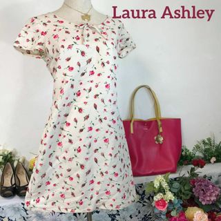 ローラアシュレイ(LAURA ASHLEY)のローラアシュレイ　半袖ワンピースミニ　麻混　L(ミニワンピース)