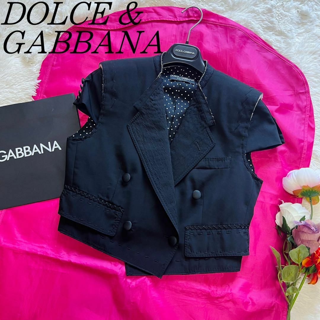 素材ウールシルク【美品】DOLCE&GABBANA ショート丈ジャケット ブラック 38 ドット