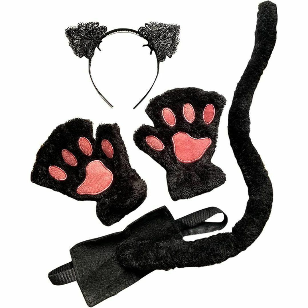 猫耳 カチューシャ コスプレ 黒猫３点セット ハロウィン仮装　レース猫耳タイプ エンタメ/ホビーのコスプレ(小道具)の商品写真