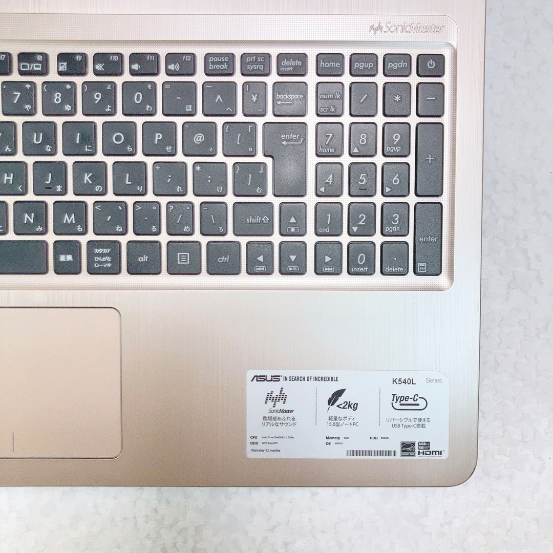 薄型ASUS✨i3❣️500GB‼️WEBカメラ✨ゴールドノートパソコン✨