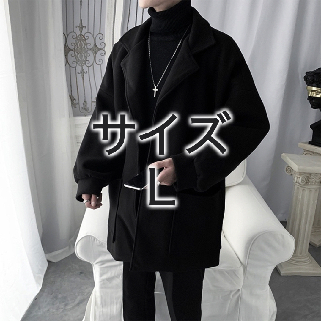 【002220L】ビッグシルエット チェスターコート ロングコート ブラック メンズのジャケット/アウター(チェスターコート)の商品写真