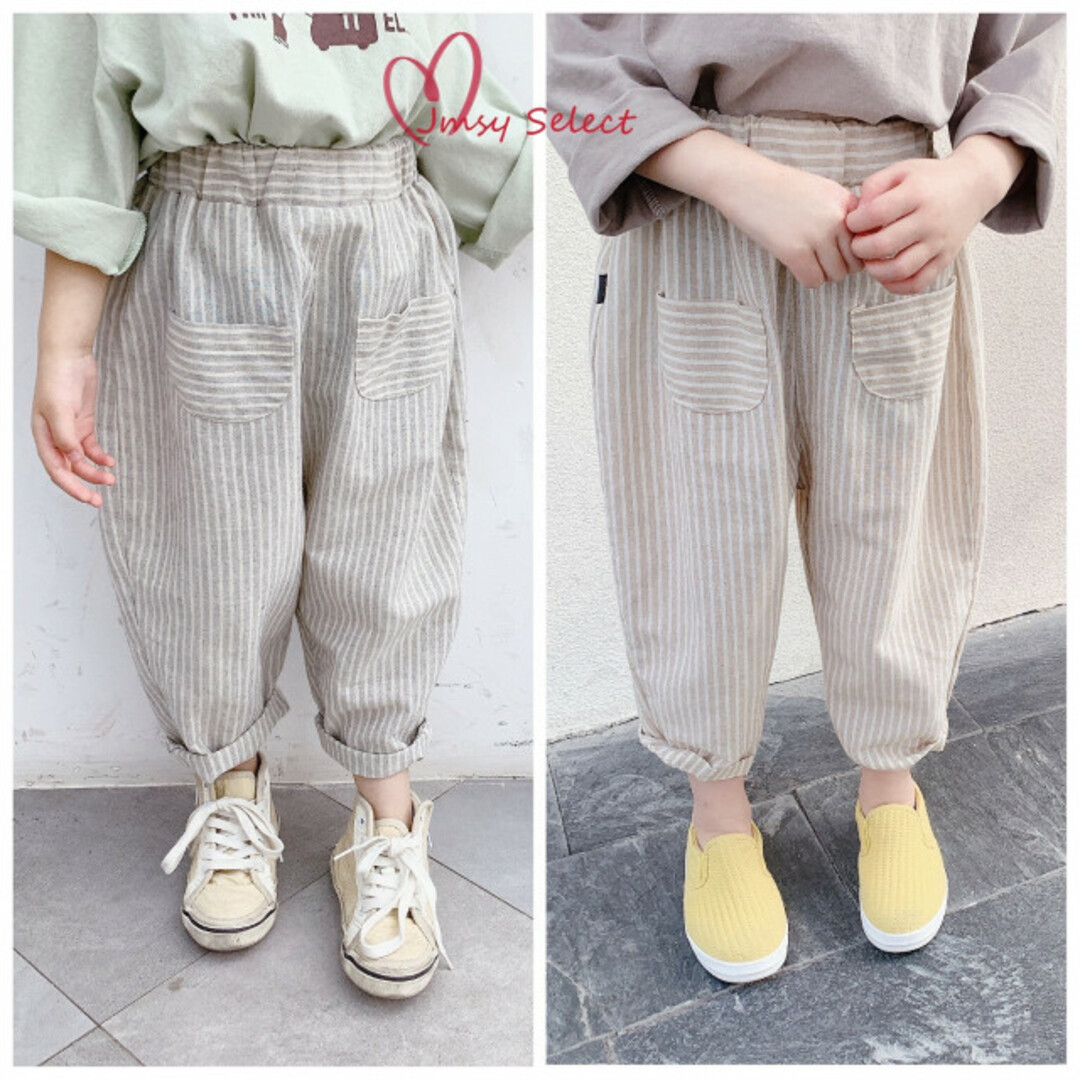 110cm★ブラウンストライプ　カーゴパンツ　リンネゆったりナチュラル韓国子供服