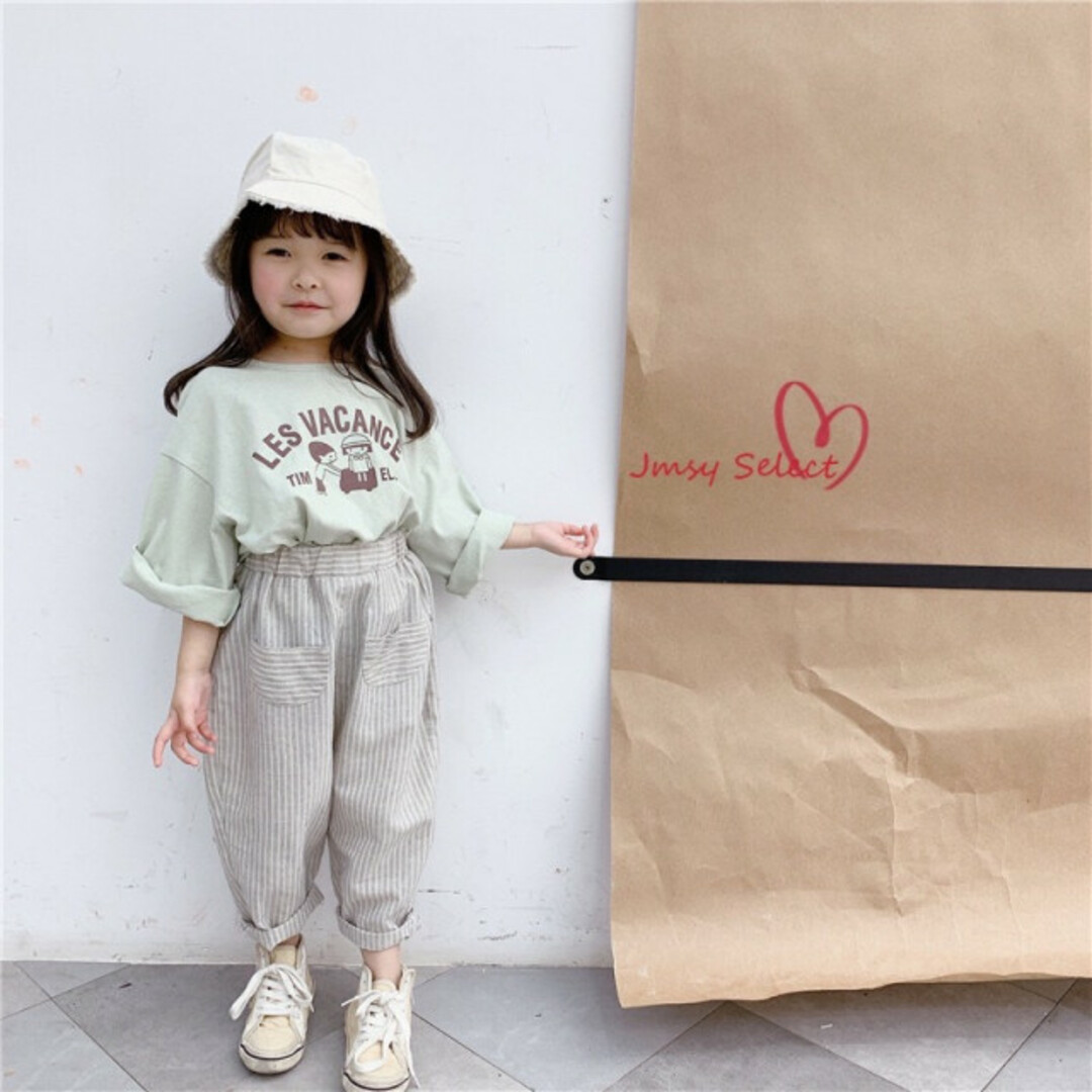 高品質の人気 90cm☆ブラウンストライプ カーゴパンツ リンネゆったりナチュラル 韓国子供服