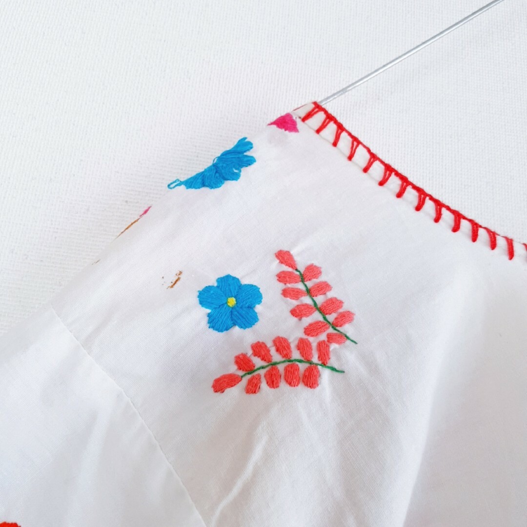 メキシカン　手刺繍　メキシコワンピース　フリーサイズ　花柄ロングワンピース　半袖