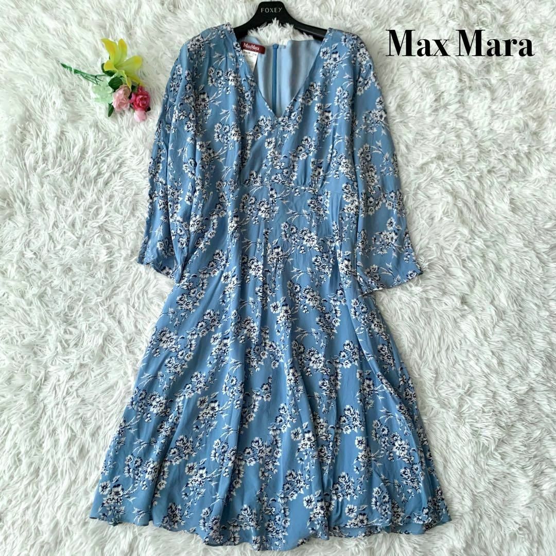 Max Mara(マックスマーラ)の【美品】マックスマーラ ロング丈 ワンピース 花柄 Aライン 水色 XXL レディースのワンピース(ロングワンピース/マキシワンピース)の商品写真