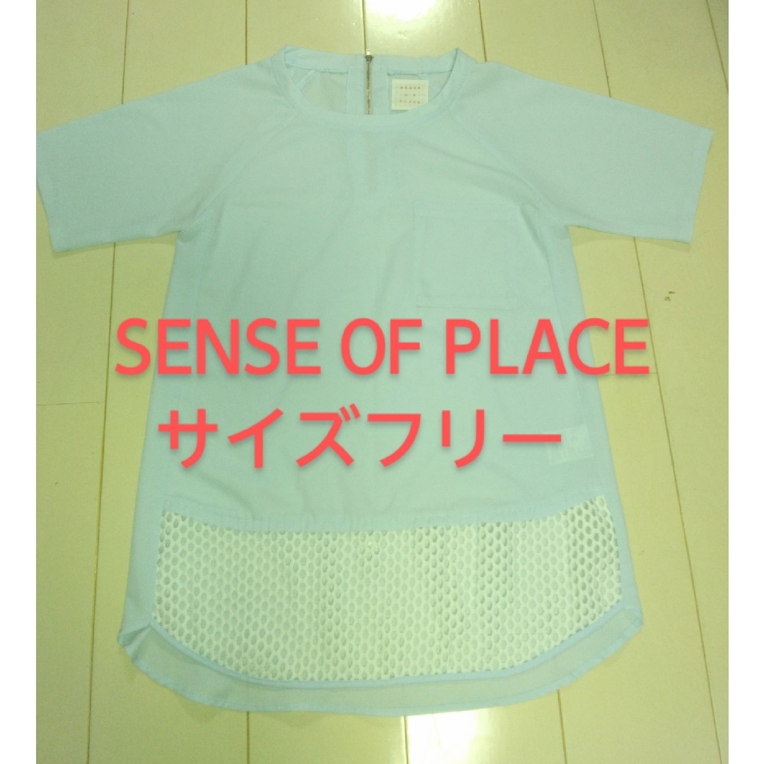 SENSE OF PLACE by URBAN RESEARCH(センスオブプレイスバイアーバンリサーチ)のsenseofplace　薄水色　Tｼｬﾂ　カットソー　網あみ レディースのトップス(Tシャツ(半袖/袖なし))の商品写真