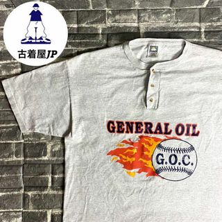 USA製 ヘンリーネックプリントTシャツ デカロゴ バックロゴ 90s