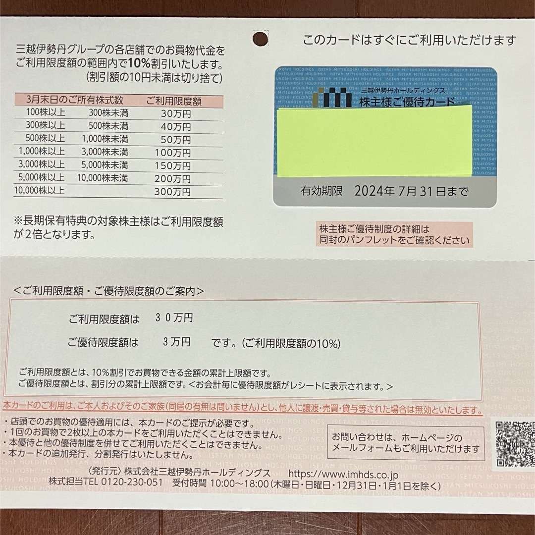 三越伊勢丹株主優待カード　利用限度額200万円　2024年07月31日まで