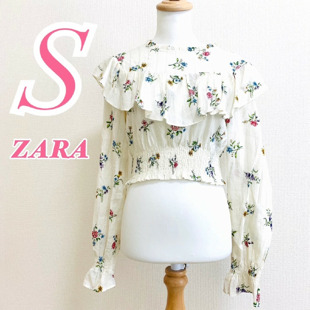 ZARA(ザラ)のZARA ザラ　長袖ブラウス　花柄　ショート丈　ホワイト　レッド　ブルー　S レディースのトップス(シャツ/ブラウス(長袖/七分))の商品写真