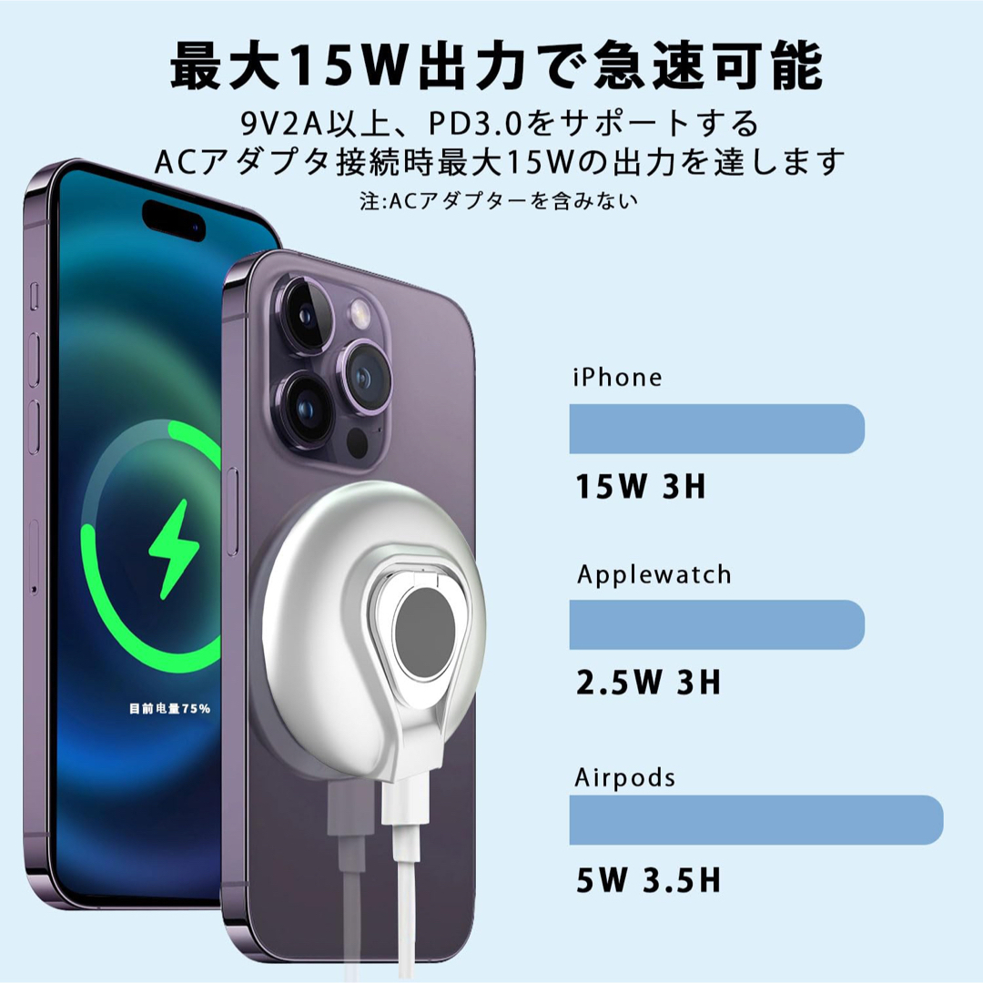 3IN1ワイヤレス充電器 磁気ワイヤレス充電器 マグセーフ Mag-Safe スマホ/家電/カメラのスマホアクセサリー(その他)の商品写真